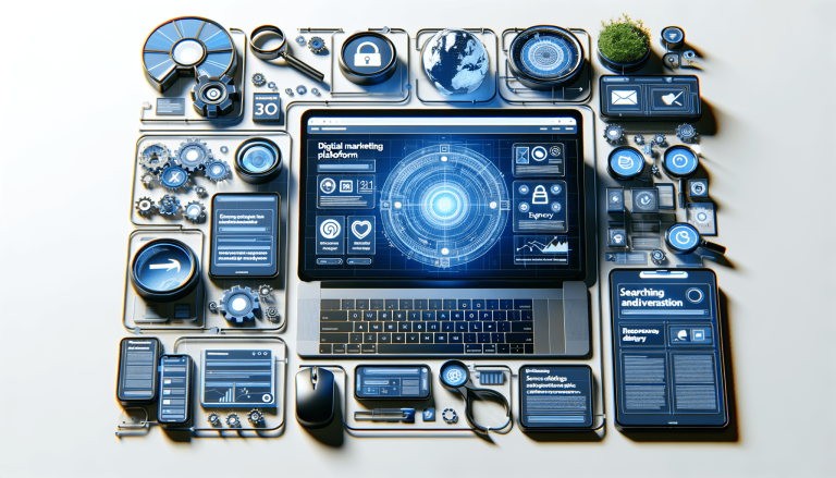 Digital marketing platform, laptop, data visualisation, and interconnected technology concept.