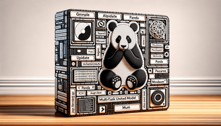 Textured box featuring a large panda and AI model interface.