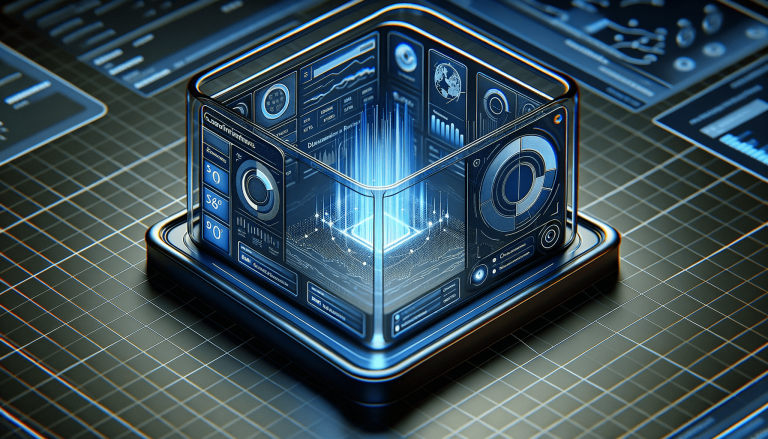 Futuristic glowing blue data cube with digital interfaces and graphs.