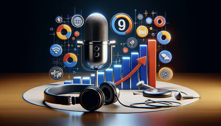 Podcast microphone, headphones, and growth statistics on a dark background.