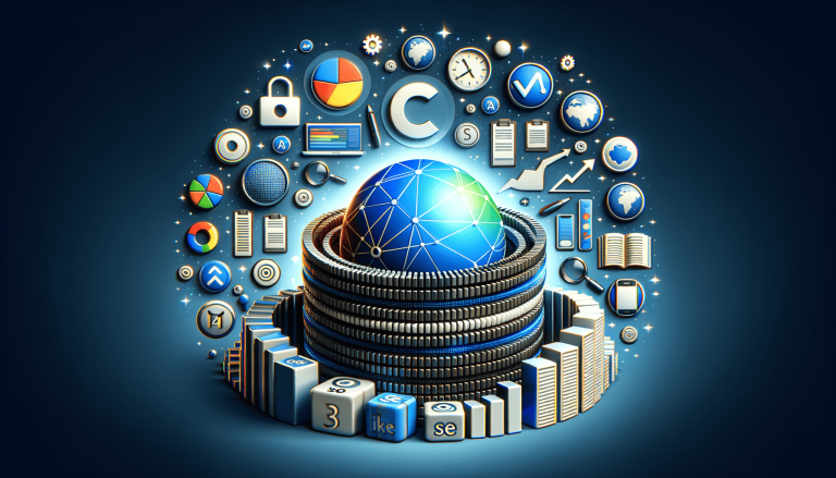 Digital globe, data, technology, security, and business icons.