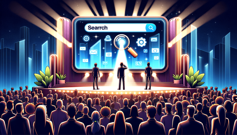 Audience watching a presentation on a large digital search screen.