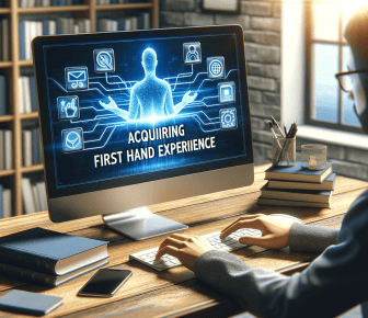 Person learning digital skills on computer in library.