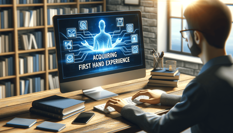 Man typing at computer displaying 'Acquiring First Hand Experience'.