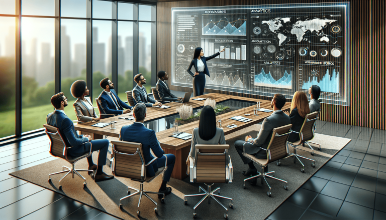 Businesswoman presents data to colleagues in modern conference room.