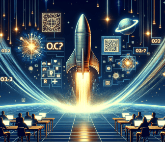 Rocket launching with data and technology symbols.