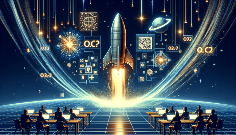 Futuristic rocket launch, people on laptops, glowing data.