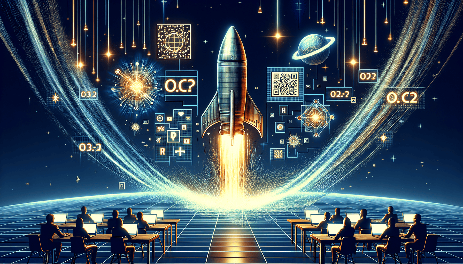 Rocket launching with data and technology symbols.