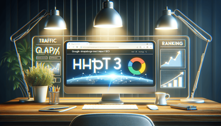 Digital marketing desk with computer displaying SEO traffic and ranking.