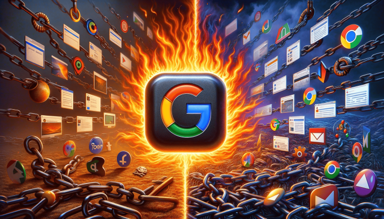 Flaming Google logo central to chained apps and data.