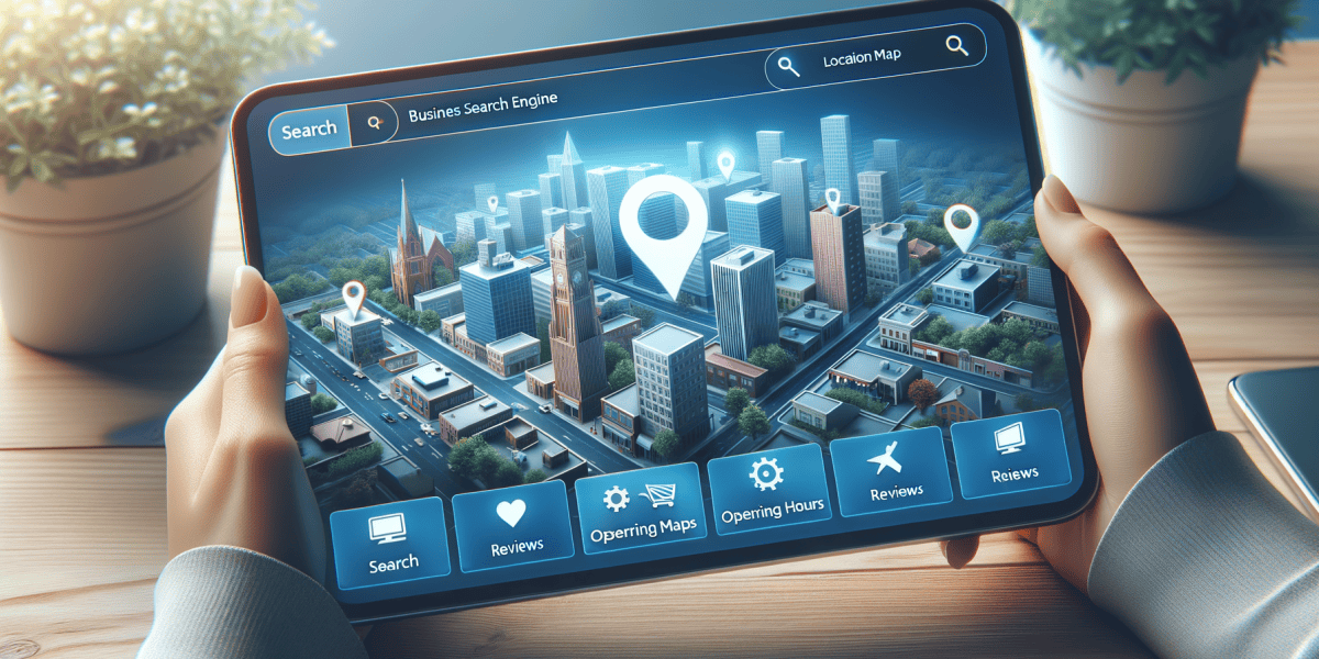 Tablet displaying 3D city map with location pins.