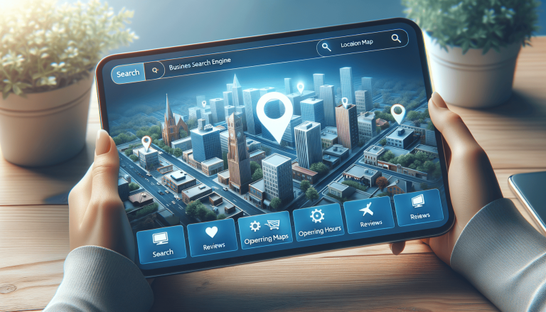 Business search engine on tablet displaying 3D city map.