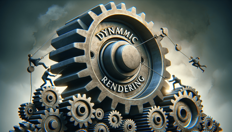 Businessmen working on gears labelled 'Dynamic Rendering' against a cloudy sky.