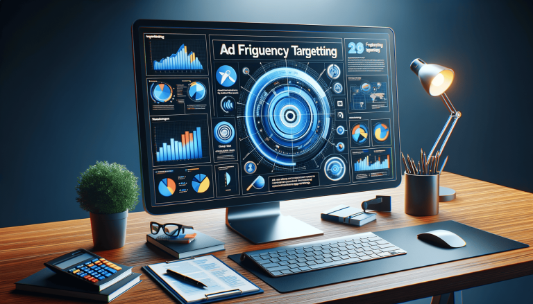Desktop with monitor displaying 'Ad Frequency Targeting' data and graphs.