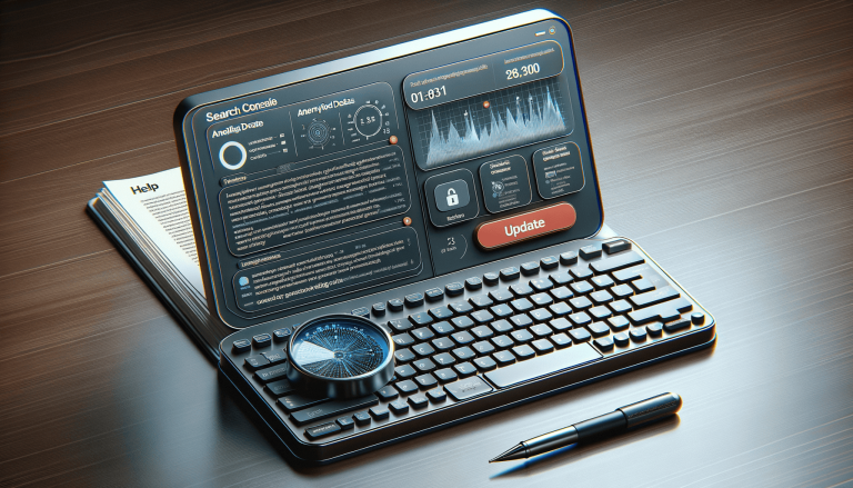 Futuristic laptop showing data analysis and search console interface.
