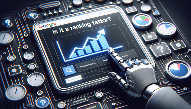 Robotic hand touches a glowing SEO ranking chart.