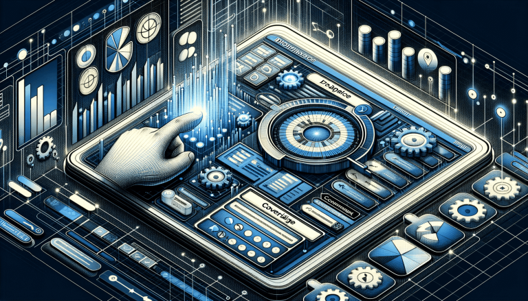 Hand interacts with futuristic digital interface showing data and gears.