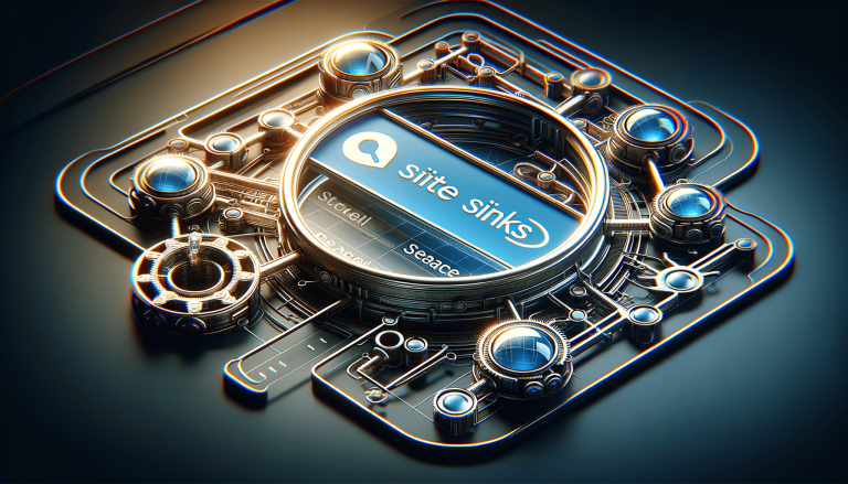 Futuristic mechanical search interface with "siite sinks" and glowing elements.
