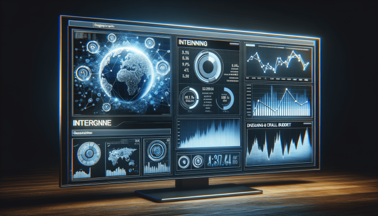 Futuristic screen displaying global data analytics dashboard with charts.