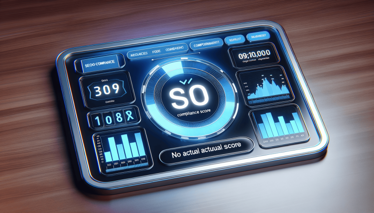 Modern tablet displaying a glowing SO compliance score dashboard.