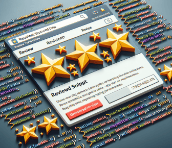 Five-star rating snippet with HTML code background.