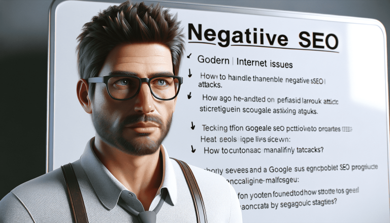 Man presenting 'Negative SEO' and internet issues on a screen.