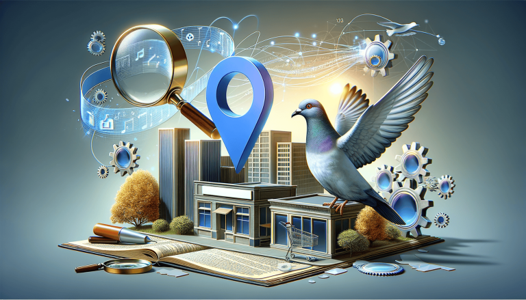 Digital city search: location pin, magnifying glass, pigeon, buildings.