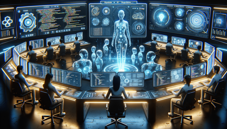 Futuristic control room with people analysing holographic AI and data.