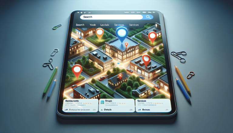 Tablet displaying 3D map with location pins, surrounded by stationery.