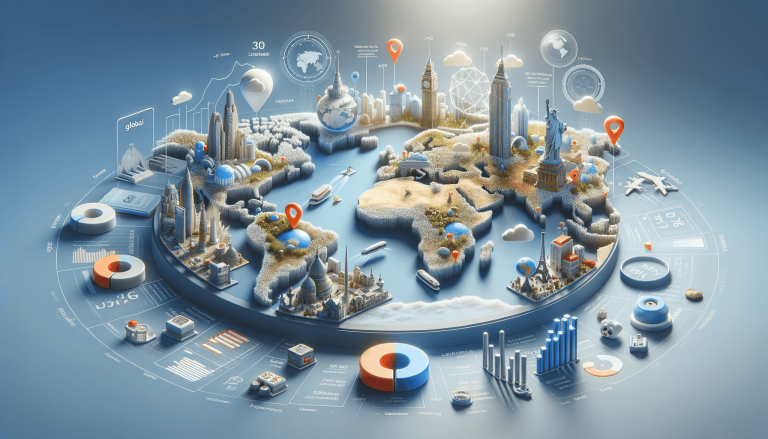 3D global map with cities and data visualisations.