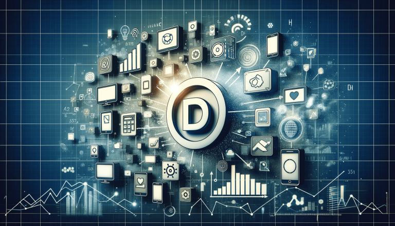 Data visualisation, digital technology icons surrounding a large D.