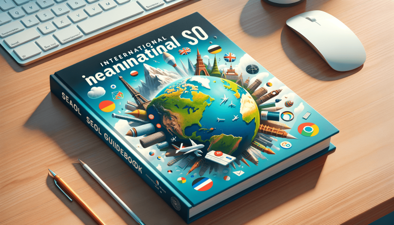 International SEO guidebook featuring world map and landmarks on a desk.