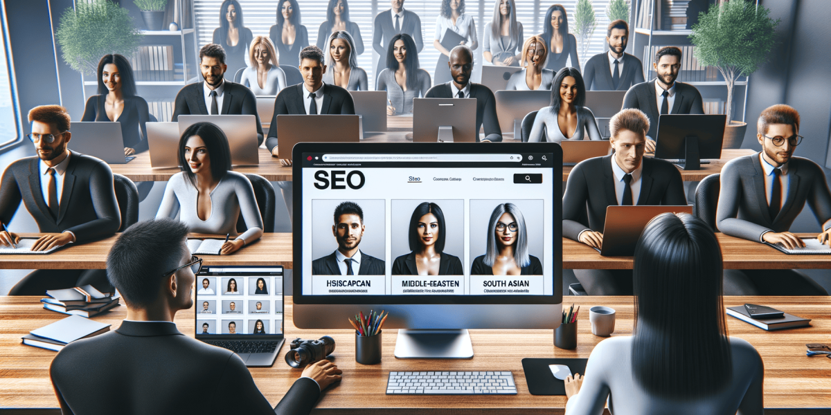 Office employees working, SEO website on central computer screen.