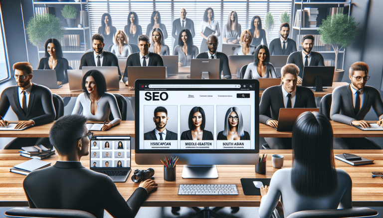 Office employees working, SEO website on central computer screen.