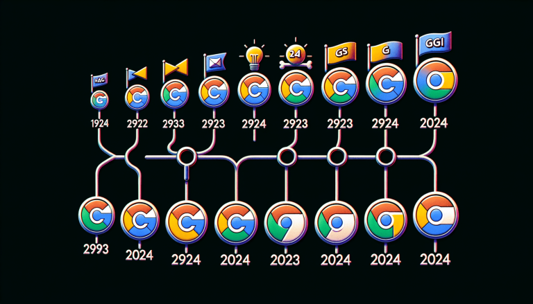Stylised timeline showing futuristic logo evolutions resembling Google Chrome.