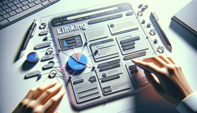 Hands interacting with a tablet showing an SEO linking strategy.