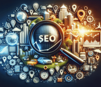 Digital marketing SEO concept with magnifying glass and various icons.