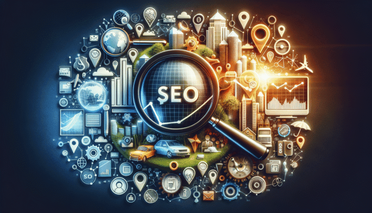 Digital marketing SEO concept with magnifying glass and various icons.