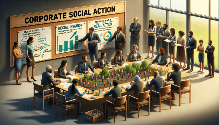 Corporate meeting on social action with miniature community display.