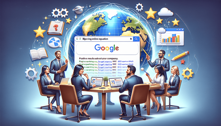 Professionals analysing Google search for global online reputation management.
