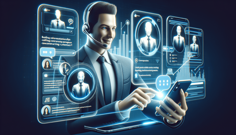 AI customer support smiling, interacting with glowing digital screens.