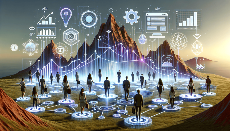 Business professionals navigating digital data and network landscape.