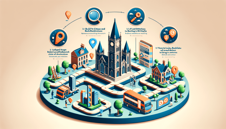 Isometric city infographic with church, buildings, vehicles, and pathways.