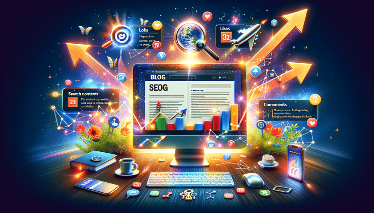 Digital marketing concept: SEO blog on monitor with analytics and growth.