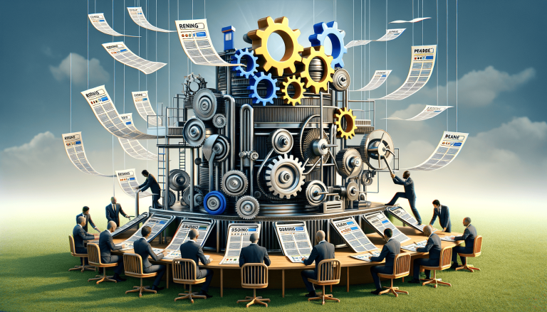 Businessmen use a complex gear machine to process documents.