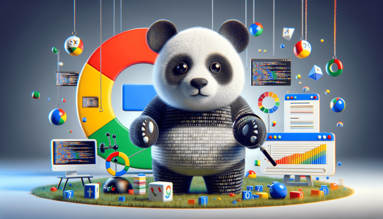 Cute panda with Google logo, binary code, and SEO elements.