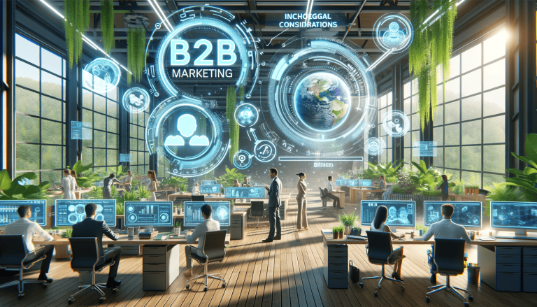 Digital B2B marketing: global data in a green, futuristic office.