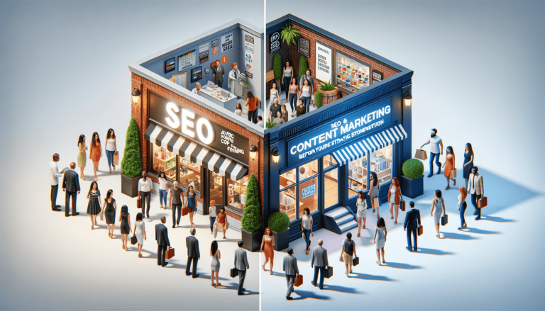 Isometric view: SEO and Content Marketing buildings with shoppers.