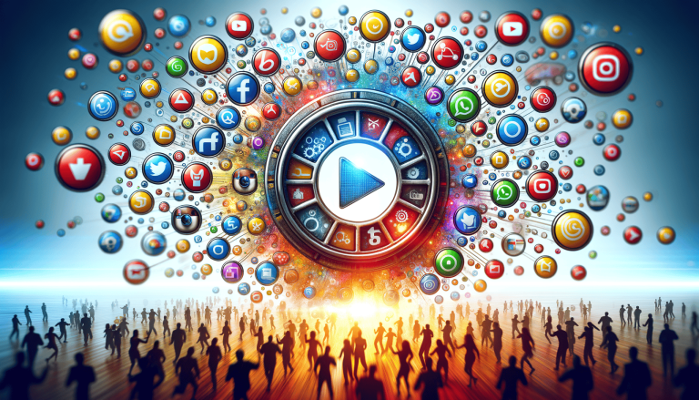 Social media icons, central play button, connecting a crowd.