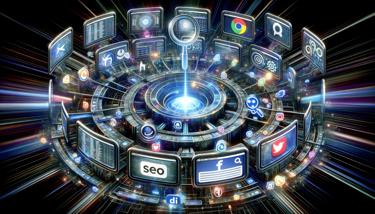 Digital network with screens showing social media and search icons.